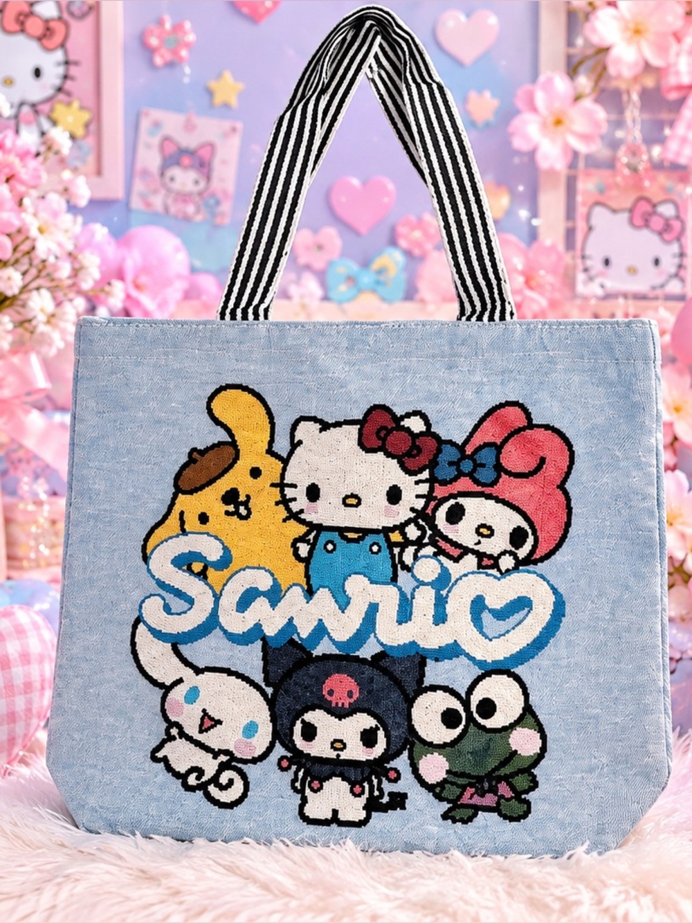 Sanrio Characters Large Denim Tote Bag Hello Kitty Friends NWOT